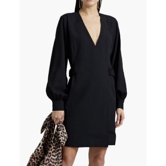 GANNI Mini Wrap Dress Black Buttoned Cuffs V-Neck 36 1040 - Picture 1 of 8